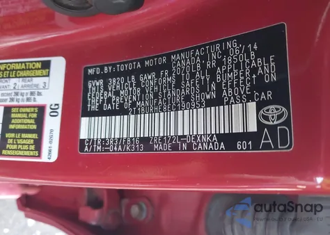 2014 Toyota Corolla Le from USA, damaged, VIN 2T1BURHE8EC190953